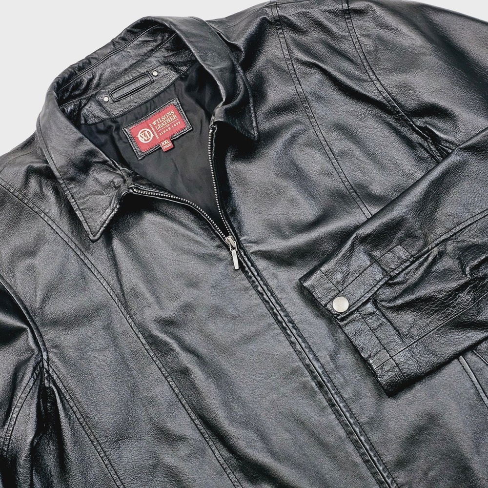 Wilsons Leather Jacket Mens 2XL Black Genuine Leather Full Zip Collared Moto